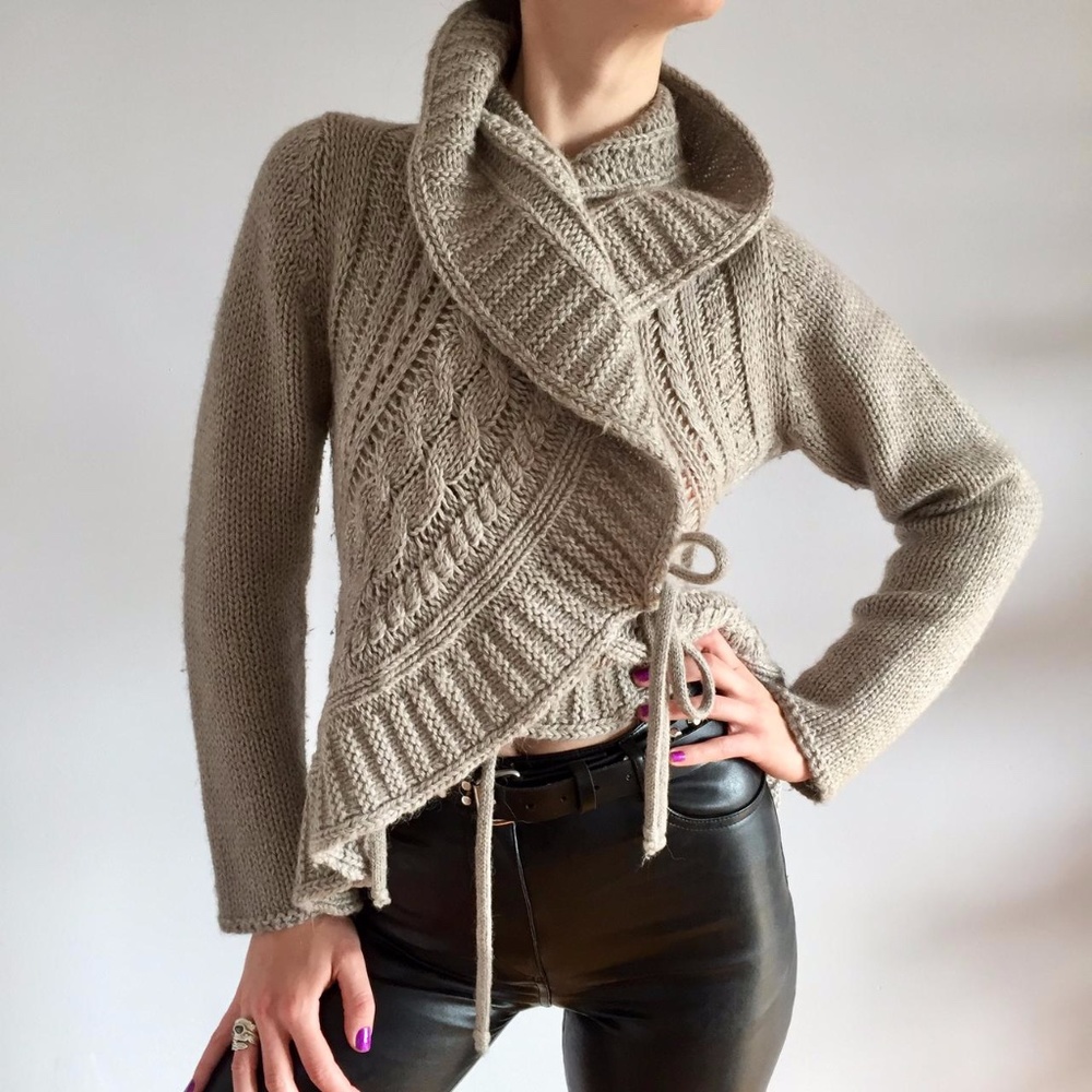 Bianco & Blu Wrap Cable Knit Wool/Alpaca Blend  Sweater Cardigan ~ M